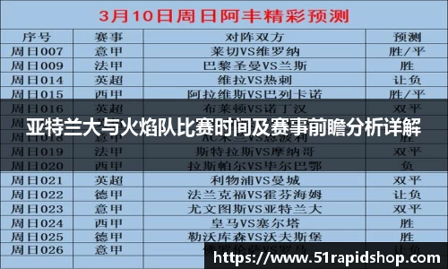 亚特兰大与火焰队比赛时间及赛事前瞻分析详解